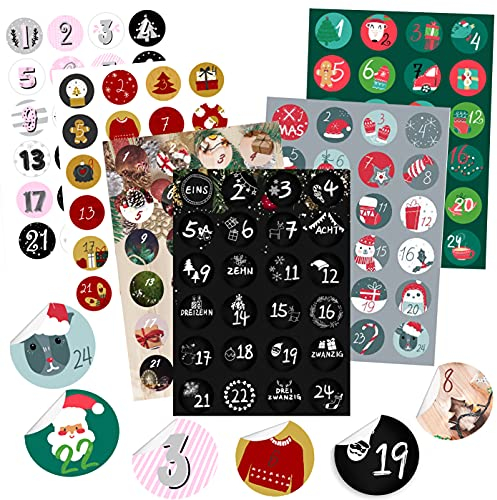 KOHMUI Adventskalender Zahlen Aufkleber, 6 x 24 Adventskalenderzahlen Sticker Set für Weihnachten Kalender zum selber basteln und Verzieren, Adventszahlen Geschenkaufkleber Etiketten selbstklebend