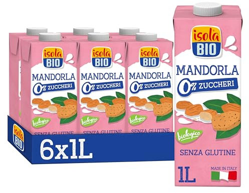 ISOLA BIO Bevanda di Mandorla Zero Zuccheri Biologica, 100% Ingredienti Naturali, Senza Glutine, a Basso Contenuto di Grassi, per Vegetariani e Vegani, 6 Confezioni da 1 Litro