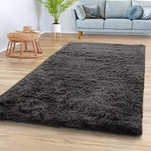 TT Home Teppich Wohnzimmer Hochflor Langflor Weich Soft Modernes Einfarbiges Design, Farbe: Grau Anthrazit, Größe:140x200 cm