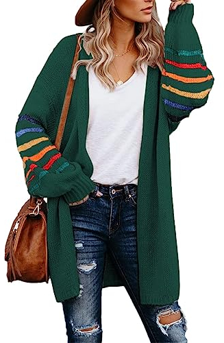 AlvaQ Women's Cardigans Long Sleeve Open Front Rainbow Striped Color Block Loose Casual Womens Oversized Cardigan Ladies Long Lightweight Knit Outwear Coat Jacket Sweaters Green M UK 10 12