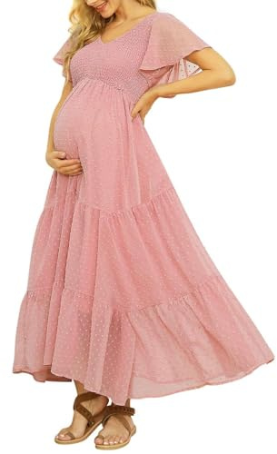 guruixu Robe de maternité smockée à Pois suisses pour fête prénatale, séance Photo, décontractée, col en V, Manches volantées, Taille Empire, Robe bohème à Volants, B Rose., Taille XL