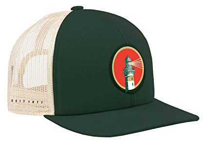 Lübzer Pils Mesh Basecap Trucker Cap (Snapback) beige/grün, mit Leuchtturm-Emblem auf Frontpanel, Unisex, für Frauen und Männer