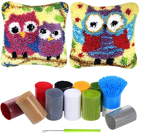 HonGien Tier Knüpfkissen Set, Latch Hook Kissen Kit, 2 Stück Latch Hook Rug für Anfänger Erwachsene oder Kinder, Kreatives Geschenk (Eule)