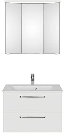 Lomadox Waschplatz Set 77 cm mit Mineralmarmorbecken Spiegelschrank LED Beleuchtung in weiß Glanz, B/H/T: ca. 77/200/50 cm