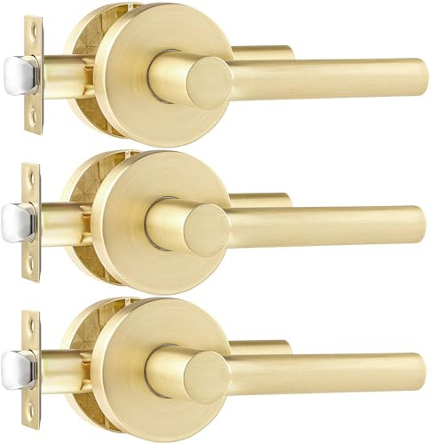 Leydebong 3 Pack Passage Door Handles, Satin Brass Door Knobs Interior, Hallway Closet Door Levers Keyless Gold Door Handle, Heavy Duty Square Door Handle