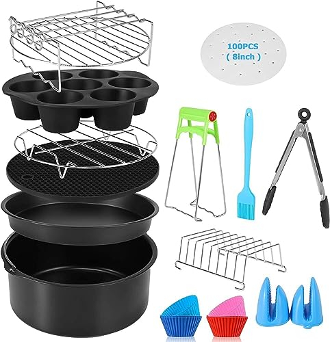 Max Air Fryer Accessories - 13 Pcs Set for Ninja Foodi - Cosori - Tefal - Tower and More - Fit All Airfryers 4.5L-5.5L - 8 inch Round Cake Barrel - Pizza Pan - Silicone Mat Liner - Dishwasher Safe