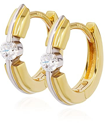 NKlaus Paar Bicolor Klappcreolen 333 Gelb Gold 8 Karatt 12mm Zirkonia weiß Ohrringe 11971