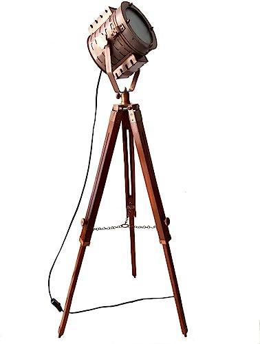 Vintage Copper Antique Marine Searchlight Tripod Floor Lamp Theater Hollywood Nautical Spotlight 45