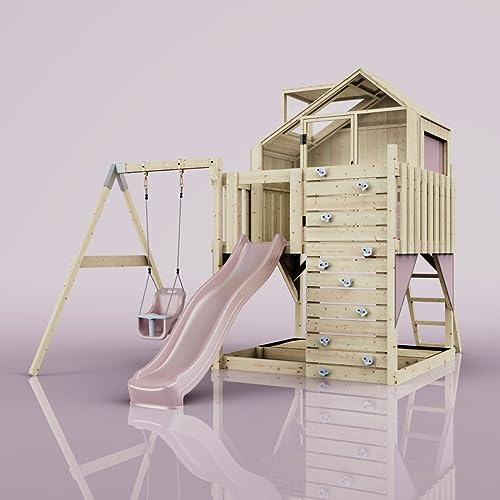 Rebo Spielturm mit Spielhaus inkl. Wellenrutsche und Kinder-Schaukel, Outdoor Klettergerüst Garten,Altrosa