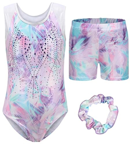 Happy Cherry Kinder Gymnastikanzug Ärmellos Gymnastikbody Shorts Set Glänzende Turnanzug für Mädchen Kunstturnen Bekleidung 7-8 Jahre