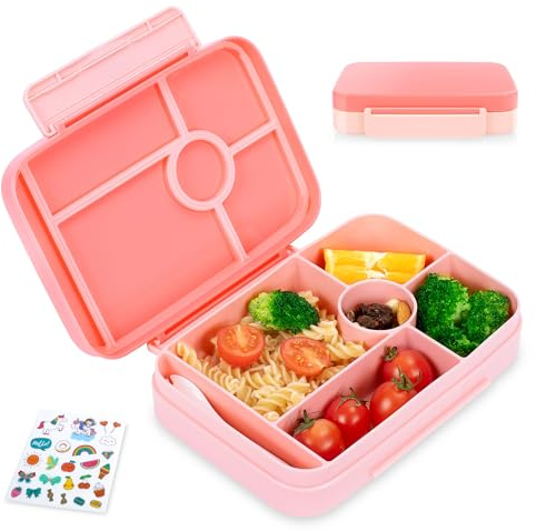 XJIANFU Brotdose Kinder mit Fächern,1050ml Auslaufsichere Bento-Box, Kinder-Lunchbox,Auslaufsicher Mit 5 Fächern,Jausenbox Brotbox für,Mädchen & Jungen,Mikrowelle/spülmaschinenfest (1050ml-Pink)