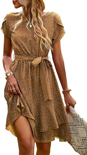 IFFEI Sommerkleid Elegante Kleider Damen Damen Leicht Boho Blumenkleider Kurz Rüschen Strandkleid mit Gürtel Braun M