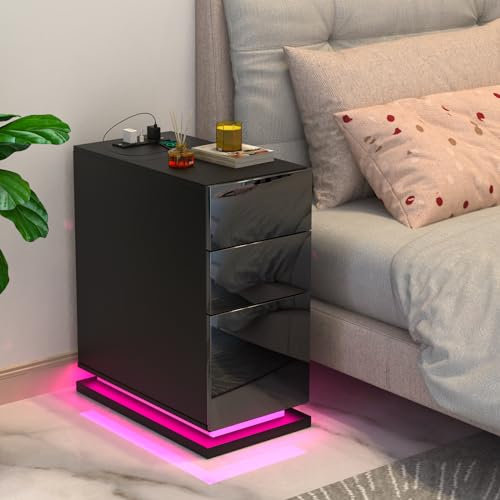 Chleby Nachttisch mit 3 Schubladen, Beistelltisch mit Ladestation und LED, 2 AC-Steckdosenund 2 USB-Anschlüsse, Nachttisch Schmal Nachtschrank für Schlafzimmer, Wohnzimmer, Schwarz, 30x50x63cm
