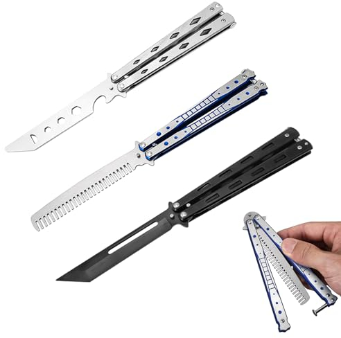 Butterfly Trainer 3 Stück: Butterfly Messer zum Üben Ungeschärfte Klinge Übungs Kamm Edelstahl für Trainingsmesser Anfänger Flipping Tricks üBt(Silber + Schwarz + Blau)