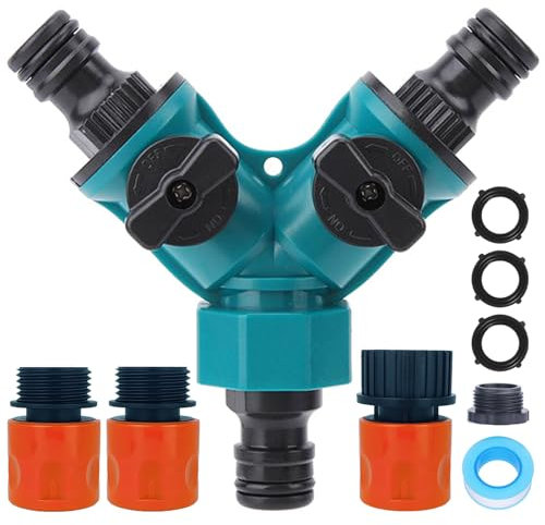 YUANBAO Garden Hose Splitter 2 Way, Y Water Tap Splitter with ON-Off Valves, 3 Way Hose Connector, PTFE Tape, 3pcs Rubber Washers, 1pc Female + 2pcs Male 3/4 Inch Hose End Quick Connectors