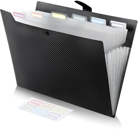 FRETONBA Accordion File Organiser, 7 Pockets Expanding Box File, Plastic Document Folders for Paperwork A4 with Lid and Labels, Organiser Storage for Home, Office, School, Black