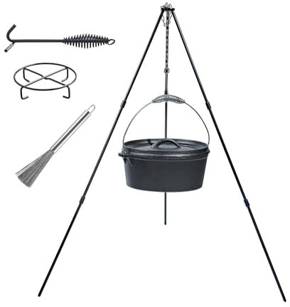 6Qt Cast Iron Camping Dutch Oven with Lid Lifter and Camping Tripod - Cast Iron Dutch Oven Pot with Lid, Cast Iron Camping Cookware, Camping Oven - Campfire Cooking Equipment