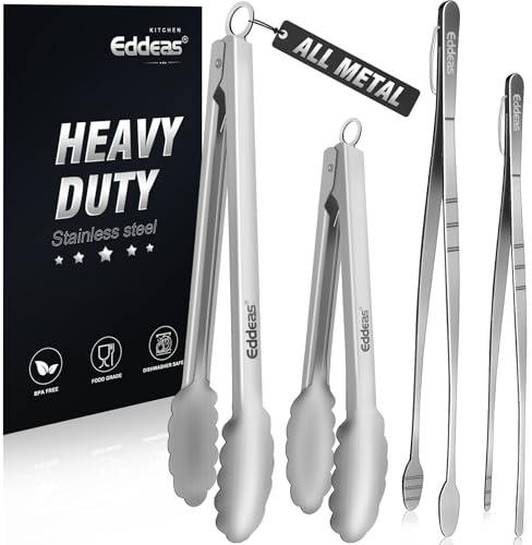 Tongs For Cooking Up To 600°F Metal Kitchen Tweezers Tongs 12, 9 in | Heat Resistant 600 Degrees, Heavy Duty Stainless Steel Cooking for Food, Grill, BBQ, Dishwasher safe Set of 4