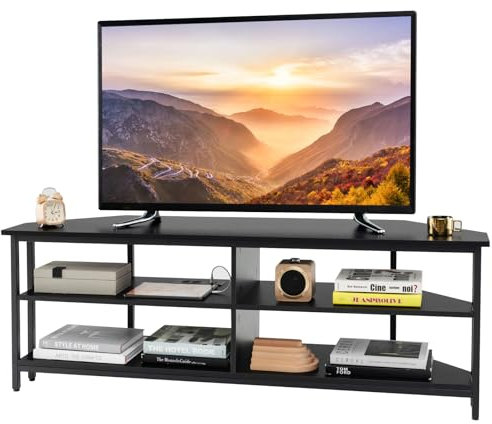 COSTWAY Meuble TV Angle, Meuble Télé avec Prise, 2 Prises, 1 USB, 1 Type-C, Petit Meuble TV pour 65, Meuble TV Bois 3 Niveaux, 3 Etagères Ouvertes, Design Compact (Noir)