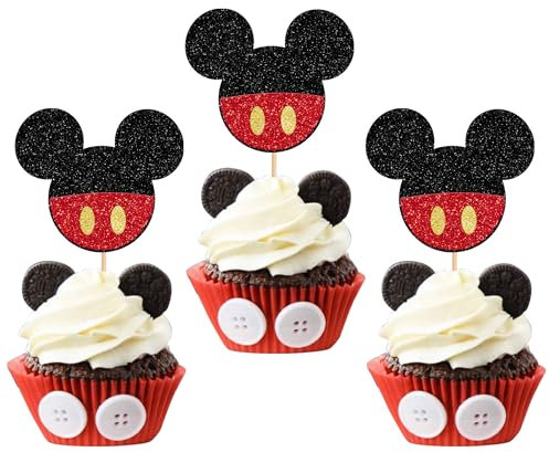 SYKYCTCY 24 Pack Mouse Inspired Cupcake Toppers Glitter Mini Mouse Cupcake Picks Baby Shower Kids Boys Birthday Party Cupcake Decorations Supplies