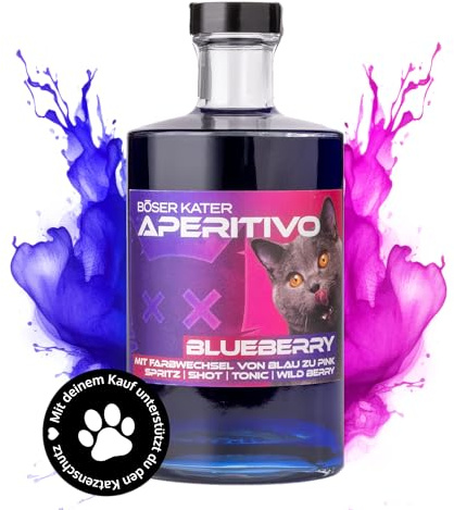 BÖSER KATER Blueberry Aperitivo mit Farbwechsel | Fruchtiger Likör 0,5l | Farbwechseleffekt von Blau zu Violett | Erfrischender Heidelbeer Aperitif | Ideal als Spritz & Tonic Cocktail 15% Vol