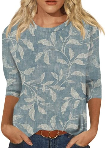 T Shirt 3/4 Arm Damen Große Größen Rundhals T-Shirts Hawaii Outfit | Boho Bluse Casual Übergröße Tshirt 3/4 Ärmel Festlich Bedruckte T Shirt Frauenkleidern Homewear