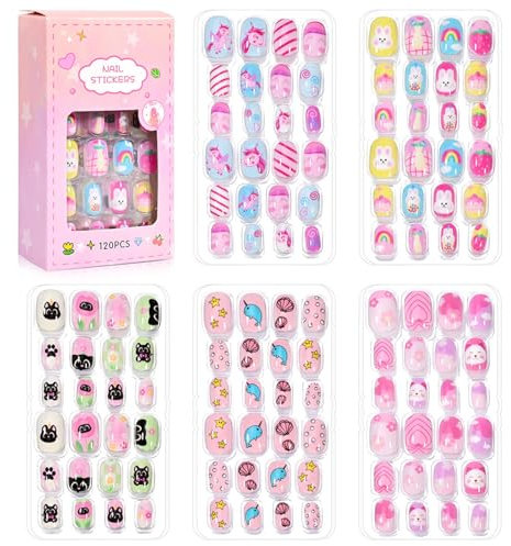 120Pcs Fake Press on Nails for Kids, Pre-glue Full Cover Short Stick on Nails for Kids Glossy False Nails Artificial Nail Tips Fingernails Decoration for Girls