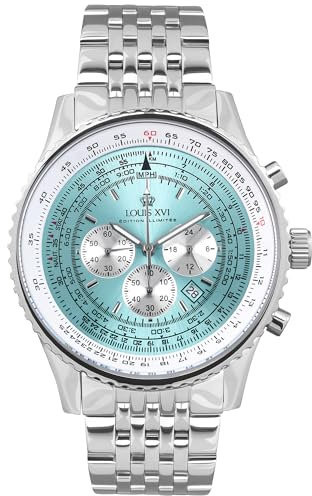 LOUIS XVI Artagnan 3422 - Ø 47.5 mm - Herren Uhr - Chronograph - Wasserdicht - Uhr mit Saphirglas - Armband Silber - Zifferblatt Türkis