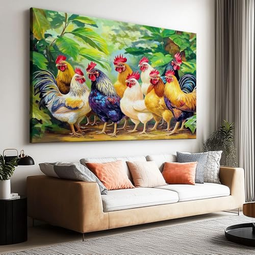 Wandbilder Leinwand 70 x 50 cm Groß Wanddeko Schlafzimmer Kunstdruck - Aesthetic Leinwandbilder Wohnzimmer Gemälde Foto Geschenk Living Room Decoration Cartoon Ölgemälde Dschungel Tiere Huhn