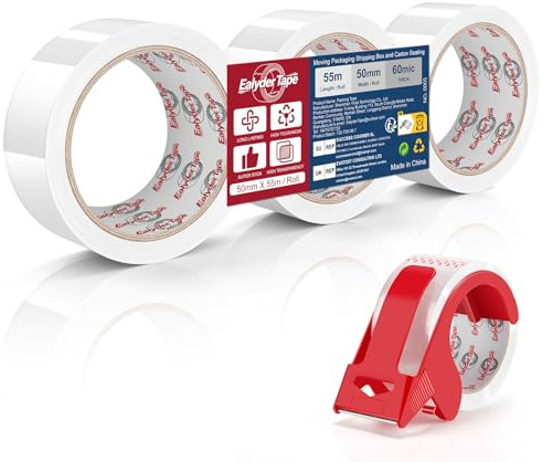 Ealyder Tape Nastro adesivo da imballaggio con dispenser, 3 rotoli 50 mm x 55 m – Nastro trasparente resistente per sigillare scatole e pacchi