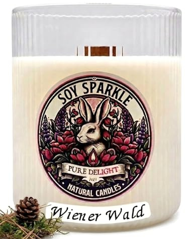 Soy Sparkle Duftkerze Wiener Wald im Glas mit Holzdocht - Natürliche Sojakerze aus Sojawachs (65-70h Brenndauer) - Kerzen Geschenk für Frauen, 100% EU-Zutaten