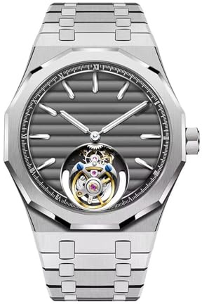 JDLERMY Reloj de pulsera mecánico de acero inoxidable de doble cara con cristales de zafiro, para hombre, con diseño de esqueleto de Tourbillon volador real