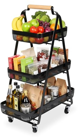 Relaxdays Rollwagen, 3 Ebenen, Metall, Holzgriff, HBT: 84,5 x 57 x 31 cm, 4 Rollen, Küche, Bad, Beistellwagen, Farbwahl