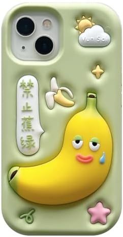 QoKcoahn Schutzhülle kompatibel mit iPhone 14, niedliche 3D-Kawaii-Cartoon-Bananen auf Chinesisch, um Angst zu verhindern, weiches Silikon-Gel, Fallschutz für Frauen und Mädchen