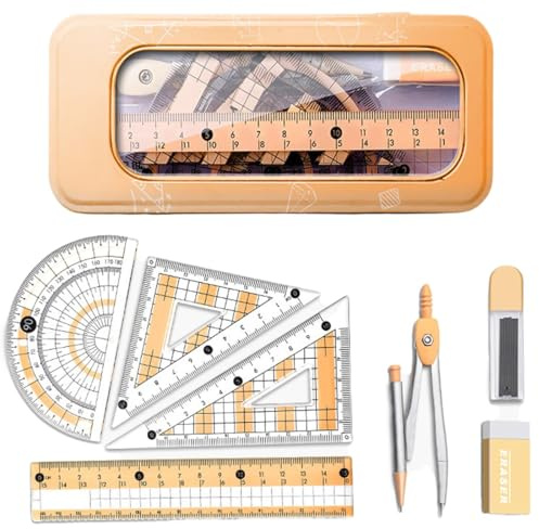 Kit of 8 pieces per matematica, Set Geometria per Studenti, Geometry Compasso Set, Math Geometry Kit, Goniometro,Righelli, Squadrette da Disegno 45 e 60, Astuccio pratico per scuola, università