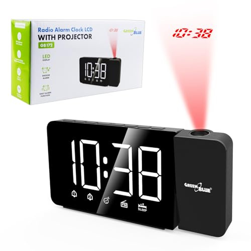 Green Blue GB172 Digitaler Radiowecker mit Zeitprojektor, Großes LED-Display, UKW-Radio, USB-Stromversorgung, Snooze, 12/24 h, Schwarz