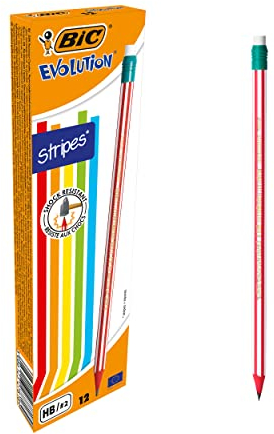 BIC Evolution Stripes, 12 Bleistifte mit Radierer, HB Bleistifte mittelhart, Bruchsichere Mine & ohne Holz