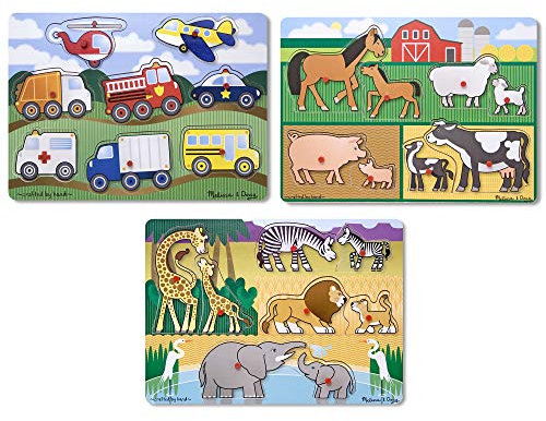 Melissa & Doug Wooden Peg Puzzles Set - Farm, Safari, and Vehicles