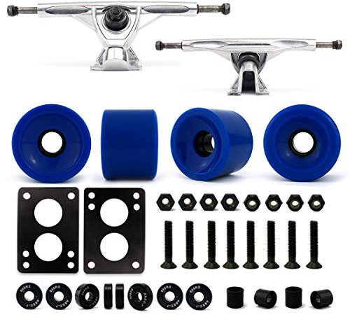 Vj skateshop Longboard Skateboard Combo Paket mit 70 mm Rollen 18 Zoll 180 mm Aluminium Achsen Kugellager Hardware Komplettset, Silver Truck/Blue Wheel