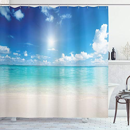 ABAKUHAUS Landschaft Duschvorhang, Himmel und tropisches Meer, Stoffliches Gewebe Badezimmerdekorationsset mit Haken, 175 x 200 cm, Creme Türkis Weiß