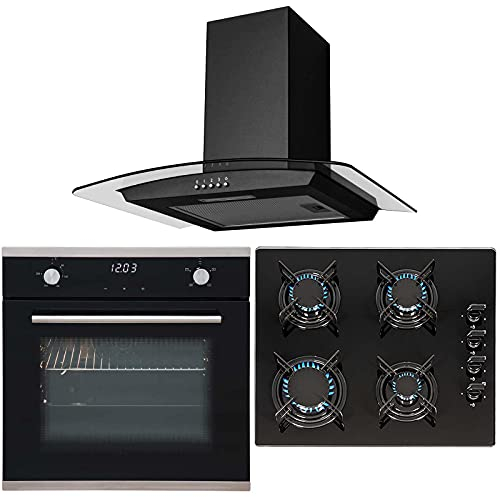 SIA 60cm Black Single Touch Control Fan Oven, 4 Burner Gas Hob & Curved Hood Fan