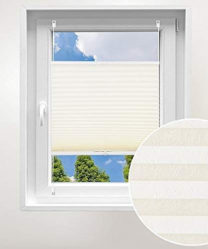 Laneetal Plissee ohne Bohren Klemmfix, Jalousie Faltrollo Crushed Optik, Creme 70 x 130 cm, mit Spannschue für Fenster und Tür, Easyfix klemmträger und verspannt, Sonnen-, Sicht- & Schallschutz
