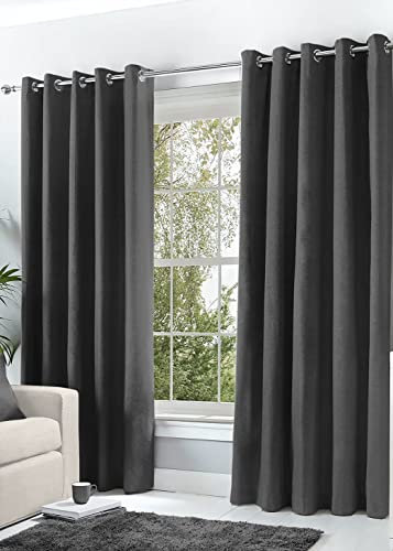 Hachette Thermal Blackout Curtains Eyelet Ring Top Including Pair of Tiebacks (Charcoal Grey, 46 X 72)