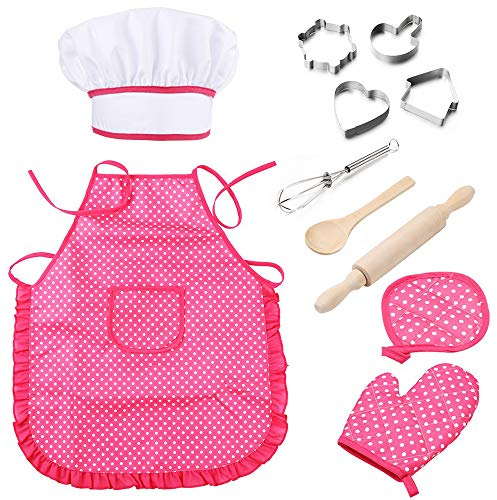 DesignerBox Chef Set for Kids - 11 PCS, Cook Costume Cooking Play Set with Apron, Chef Hat, Cooking Mitt and Cookie Cutters for Girls Career Role Play Children Pretend Play Birthday Gift (#1)