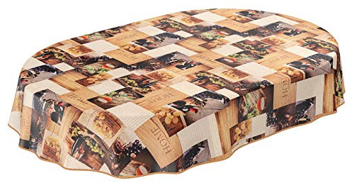 Wachstuchtischdecke abwaschbar Garten Tischdecke Wachstuch Rund Oval Eckig Indoor Outdoor Wein Weintrauben Home Holz Oval 180x140cm mit Saum - Eingefasst