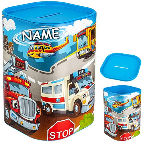 Spardose - Auto - Feuerwehr & Krankenwagen - inkl. Name - stabile Sparbüchse - wiederverschließbar - mit abnehmbarem Deckel - aus Kunststoff/Plastik - mit V..