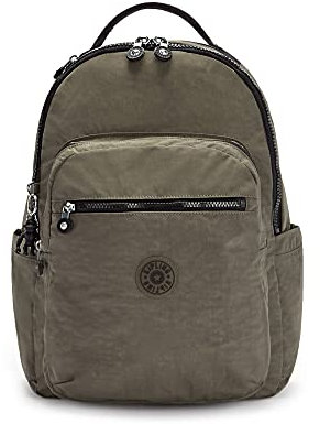 Kipling Women's Seoul L Solid Laptop Backpack, Green Moss, 13.75 L x 17.25 H x 8 D, Women’s Seoul 15” Laptop Backpack, Durable, Roomy With Padded Shoulder Straps, Nylon School Bag