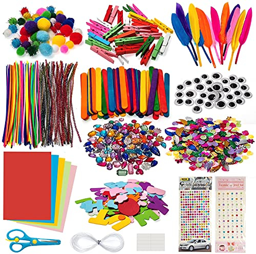 1300 Stück Bastelset Kinder DIY Bastelkoffer Basteln Zum Bastelbedarf Bastelsachen with Pfeifenreiniger Bunt, Pompons, Kulleraugen, Federn, Bastel Set für Kleinkinder
