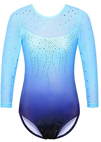 ZNYUNE Body da ginnastica per ragazze, a maniche lunghe/senza maniche, colorato con brillantini, per atletica e danza, per bambini dai 3 ai 12 anni, blu-viola 12A