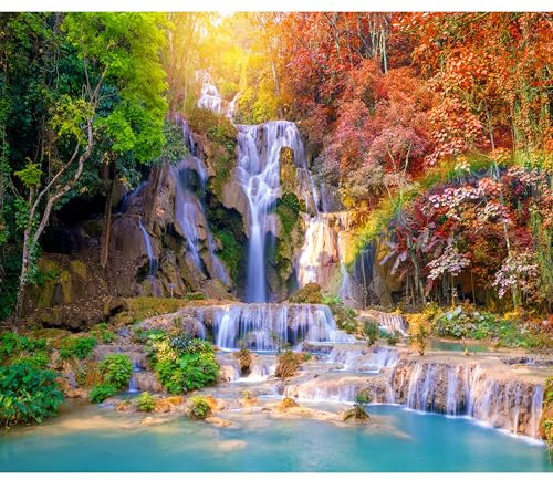 decomonkey - Papier Peint Panoramique Cascade Chute d'eau 450x315 cm - Décoration murale moderne – Tapisserie décorative pour chambre salon - Asie arbres pierre nature paysage rivière eau cascade